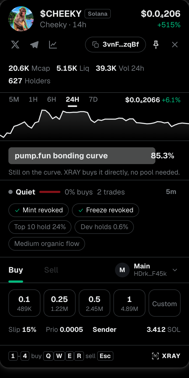 The XRAY panel on a coin 88% of the way up its pump.fun curve
