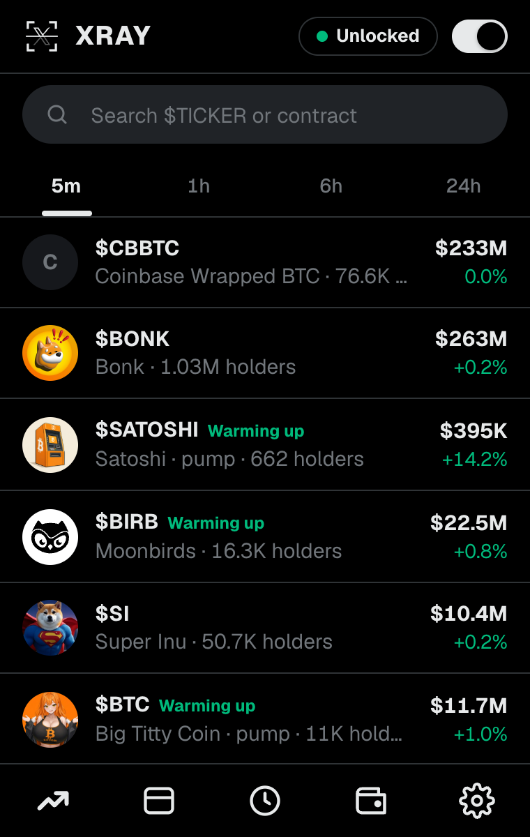 The XRAY popup listing coins trending on Solana